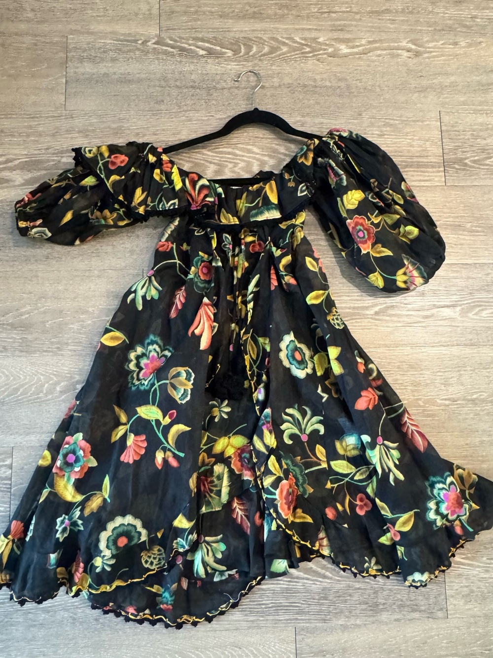 Floral Black Off-Shoulder Kids Dress with Puff Sleeves